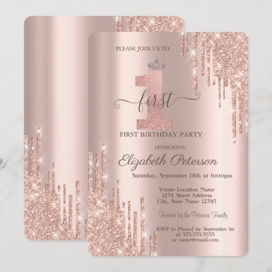 Glitter Druppelt Roos Goud Zilver Tiara 1e Verjaar Kaart (Voorkant / Achterkant)