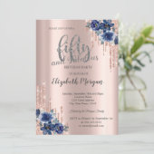 Glitter Druppelt Roos Gouden Blauwe Bloem 50ste Ve Kaart (Staand voorkant)