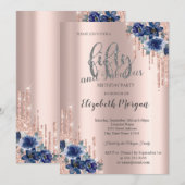 Glitter Druppelt Roos Gouden Blauwe Bloem 50ste Ve Kaart (Voorkant / Achterkant)