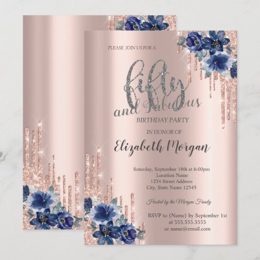 Glitter Druppelt Roos Gouden Blauwe Bloem 50ste Ve Kaart (Voorkant / Achterkant)