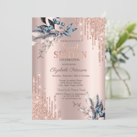 Glitter Druppelt Roos Gouden Winterbloemen Sweet 1 Kaart (Staand voorkant)