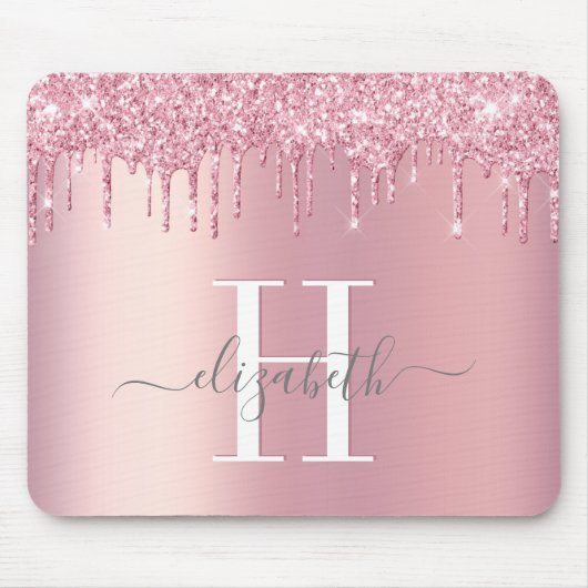 Glitter druppelt roze monogram af muismat (Voorkant)