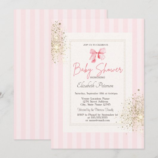 Glitter Dust Roze Bow Gestreept Baby shower Kaart (Voorkant / Achterkant)
