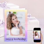 Glitter Dust Unicorn Rainbow Girly Photo Birthday Kaart<br><div class="desc">Girly birthday photo card for your daughter, female relative or friend. The photo template is set up for you to add one of your favorite photos and you can also edit the poem inside. The design has a pretty unicorn rainbow wood and glitter dust sparkle effect and trendy typewriter font...</div>