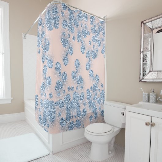 Glitter Dusty Blue Floral GIRLY Elegant Roos Douchegordijn (In situ)