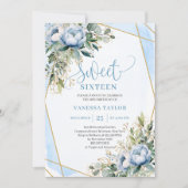 Glitter Dusty Blue White Gold Flowers Sweet 16  Kaart (Voorkant)