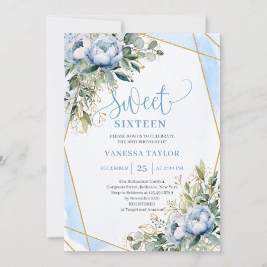 Glitter Dusty Blue White Gold Flowers Sweet 16  Kaart (Voorkant)