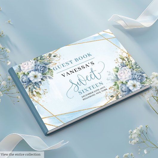 Glitter Dusty Blue White Gold Flowers Sweet 16th Gastenboek