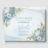Glitter Dusty Blue White Gold Flowers Sweet 16th Gastenboek (Voorkant)