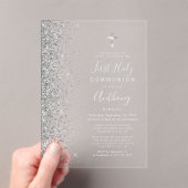 Glitter Edge Zilveren Tekst Eerste Heilige Communi Acryl Uitnodigingen (Insitu (Draagbaar))