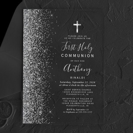 Glitter Edge Zilveren Tekst Eerste Heilige Communi Acryl Uitnodigingen
