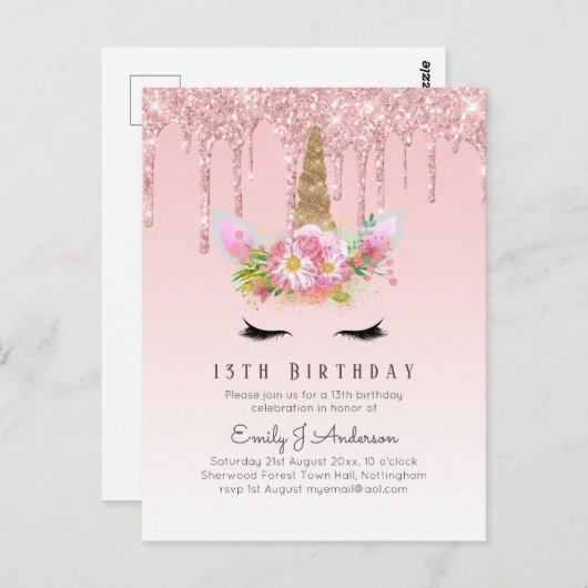 Glitter Eenhoorn 13e Verjaardag Roze Goud Meisjes Briefkaart (Voorkant / Achterkant)
