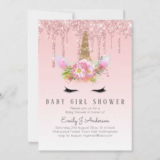 GLITTER EENHOORN Baby MEISJE Shower Roze Goud Kaart (Voorkant)