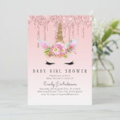 GLITTER EENHOORN Baby MEISJE Shower Roze Goud Kaart (Staand voorkant)