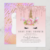 GLITTER EENHOORN Baby MEISJE Shower Roze Goud Kaart (Voorkant / Achterkant)