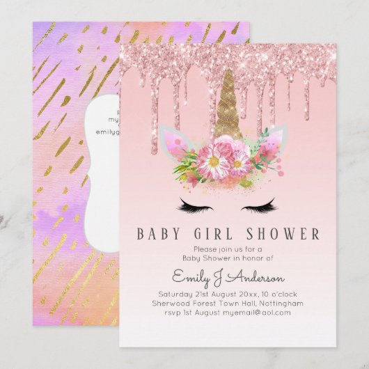 GLITTER EENHOORN Baby MEISJE Shower Roze Goud Kaart (Voorkant / Achterkant)