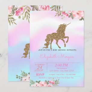 Glitter Eenhoorn Bloem Holografische Baby Shower Kaart