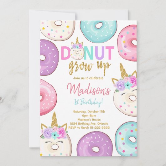 Glitter Eenhoorn Donuts Verjaardag uitnodiging (Voorkant)