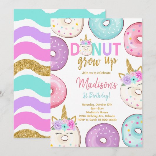 Glitter Eenhoorn Donuts Verjaardag uitnodiging (Voorkant / Achterkant)