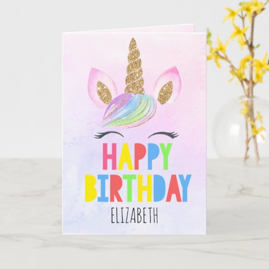 Glitter Eenhoorn Gepersonaliseerd Meisje Gelukkige Kaart (Gele Bloem)