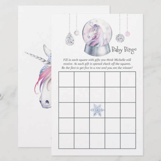 Glitter Eenhoorn Kerst Baby shower Bingo (Voorkant / Achterkant)