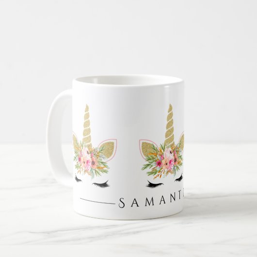 Glitter Eenhoorn met Waterverf Bloemenboeket Koffiemok (Voorkant links)