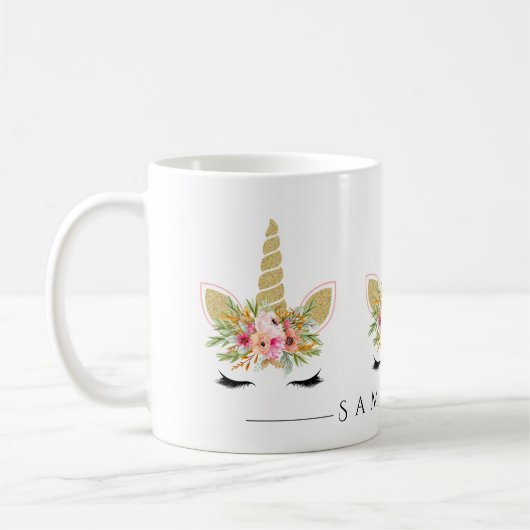 Glitter Eenhoorn met Waterverf Bloemenboeket Koffiemok (Links)