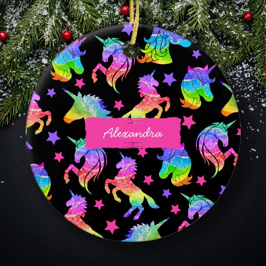 Glitter Eenhoorn Regenboog met Voornaam Kerst Keramisch Ornament