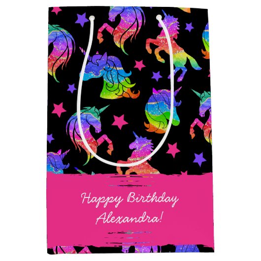 Glitter Eenhoorn Regenboog met Voornaam Verjaardag Medium Cadeauzakje (Voorkant)
