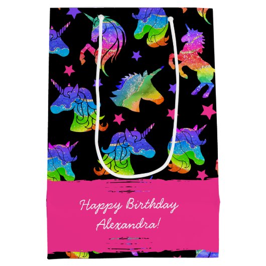 Glitter Eenhoorn Regenboog met Voornaam Verjaardag Medium Cadeauzakje (Achterkant)