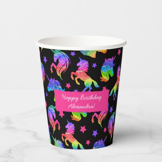 Glitter Eenhoorn Regenboog met Voornaam Verjaardag Papieren Bekers (Achterkant)