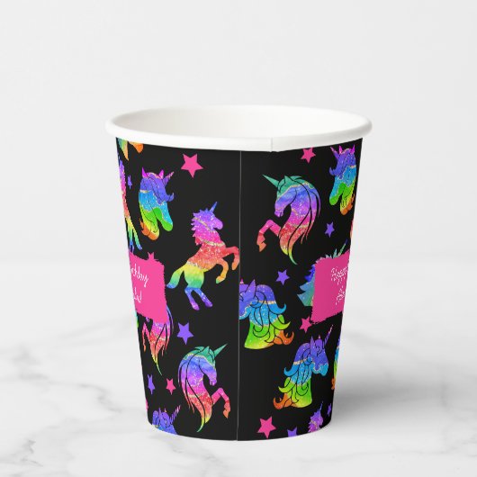 Glitter Eenhoorn Regenboog met Voornaam Verjaardag Papieren Bekers (Rechts)