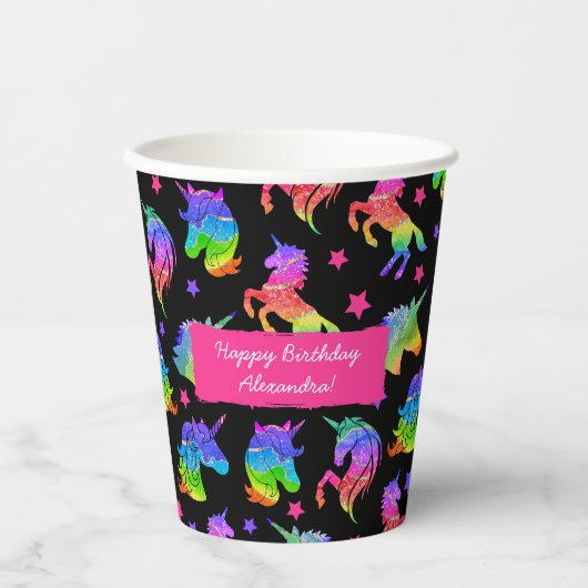 Glitter Eenhoorn Regenboog met Voornaam Verjaardag Papieren Bekers (Voorkant)