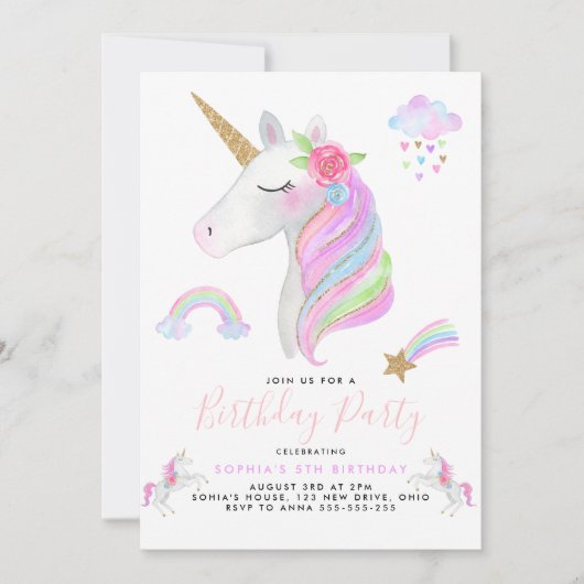 Glitter Eenhoorn Regenboog Pastelverjaardag Meisje Kaart (Voorkant)