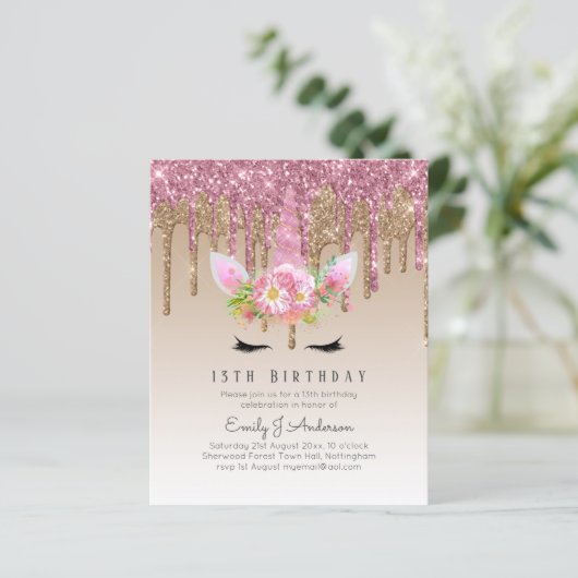 Glitter Eenhoorn Roze Goud Roze Druppelende 13e Ve (Staand voorkant)