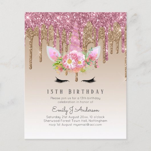 Glitter Eenhoorn Roze Goud Roze Druppelende 13e Ve (Voorkant)