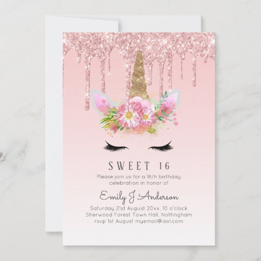 Glitter Eenhoorn Sweet 16 Roze Goud 16e Meisjes Ve Kaart (Voorkant)