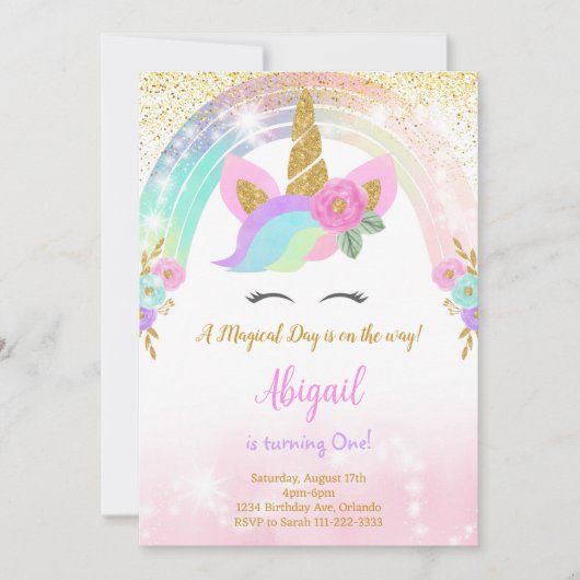 Glitter Eenhoorn Verjaardag Uitnodigen Kaart (Voorkant)