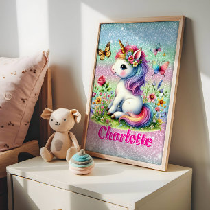 Glitter eenhoorn weide wilde bloemen poster