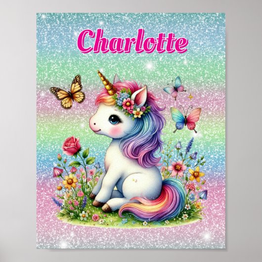 Glitter eenhoorn weide wilde bloemen poster (Voorkant)