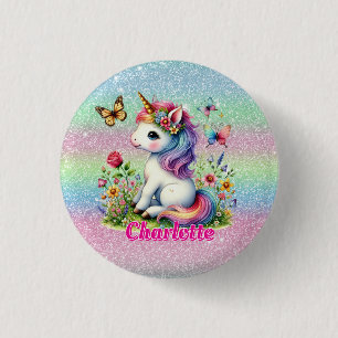 Glitter eenhoorn weide wilde bloemen  ronde button 3,2 cm