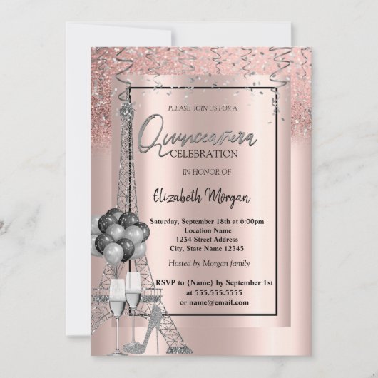 Glitter Eiffel Balloons Roos Gold Quinceañera Kaart (Voorkant)