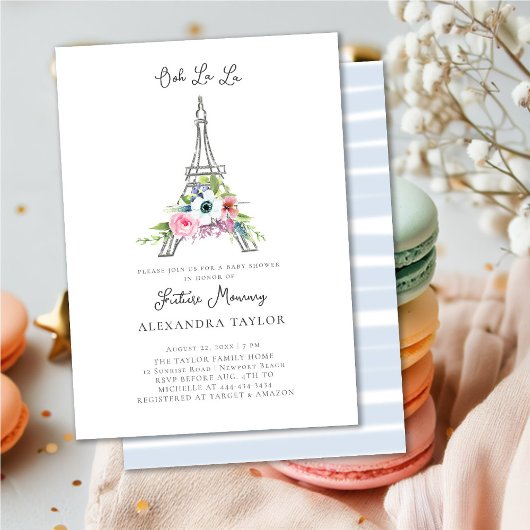 Glitter Eiffel Paris Floral Blue Boy Baby shower Kaart