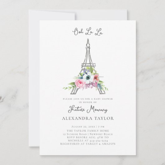 Glitter Eiffel Paris Floral Pink Girl Baby shower Kaart (Voorkant)