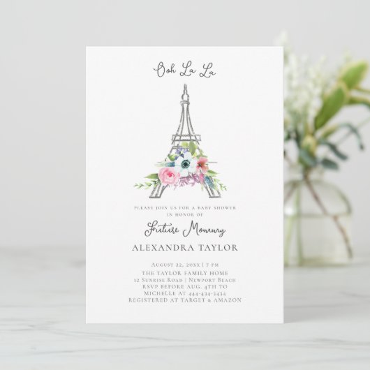 Glitter Eiffel Paris Floral Pink Girl Baby shower Kaart (Staand voorkant)
