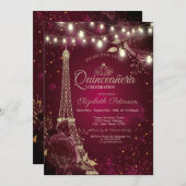 Glitter Eiffel Tower, Burgundy Rozen Quinceañera Kaart (Voorkant / Achterkant)