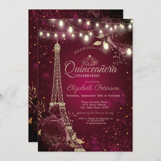 Glitter Eiffel Tower, Burgundy Rozen Quinceañera Kaart (Voorkant / Achterkant)