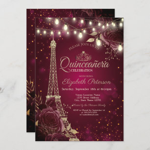 Glitter Eiffel Tower, Burgundy Rozen Quinceañera Kaart