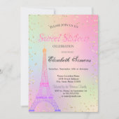 Glitter Eiffel Tower Diamonds Holographic Sweet 16 Kaart (Voorkant)
