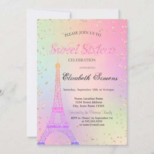 Glitter Eiffel Tower Diamonds Holographic Sweet 16 Kaart (Voorkant)